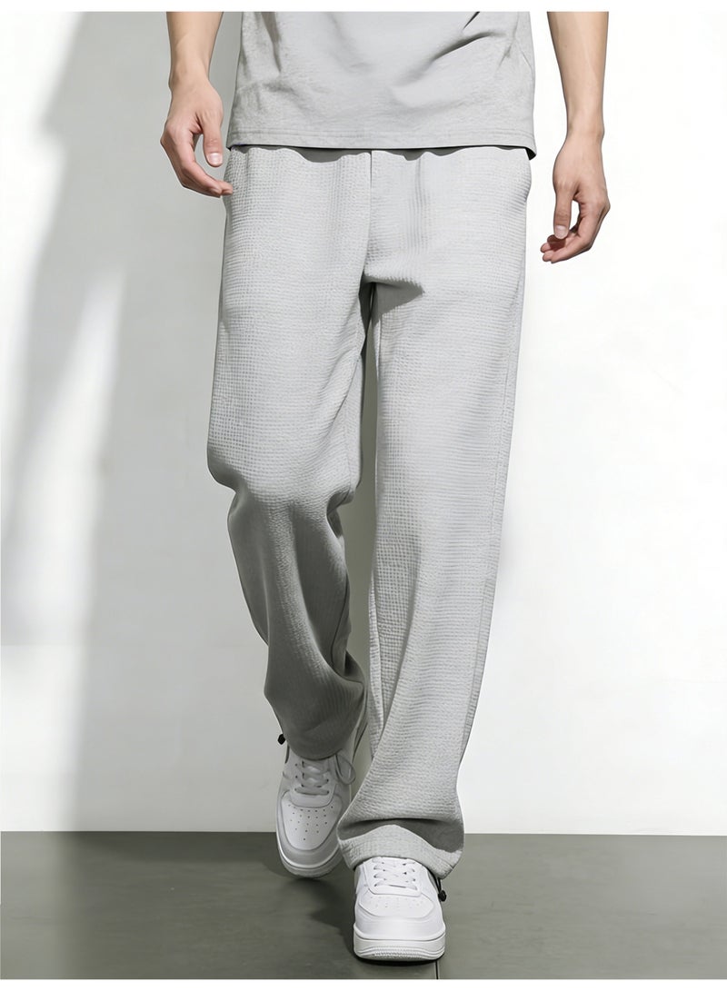 Mens Light Grey Baggy Pants Waffle Knit Wide Leg Parachute Trousers Adjustable Hem Casual Sweatpants Oversized Loose Pants for Men - Image 3